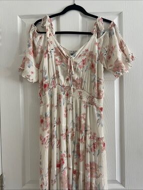 Cream Floral Cold-Shoulder Maxi Dress with Tie Straps